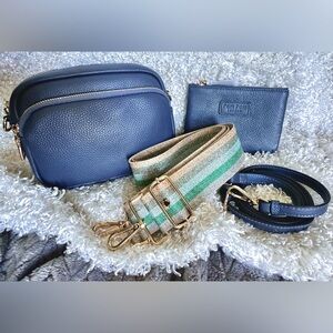 Navy Blue Leather Crossbody Bag Set
